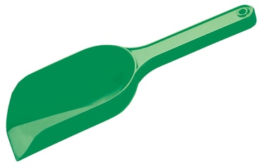 Eine grüne Kunststoffschaufel mit einem flachen Rand und einem Griff mit einem kleinen Loch, abgebildet auf einem weißen Hintergrund.