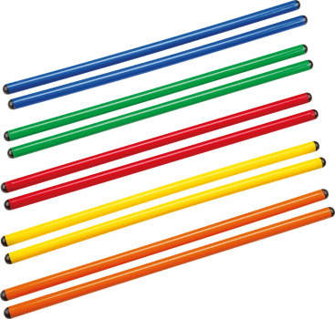 Acht gerade Kunststoffstäbchen sind in parallelen Reihen angeordnet. Jeweils zwei Stäbe in den Farben Blau, Grün, Rot, Gelb und Orange, alle mit schwarzem Ende, stehen vor einem weißen Hintergrund.