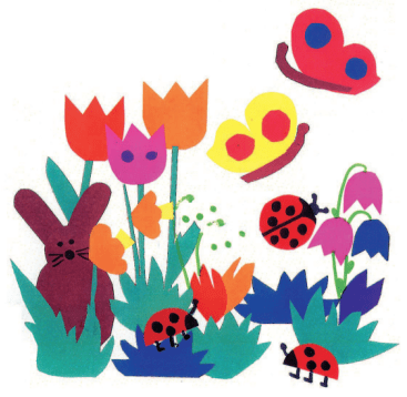 Eine Collage aus bunten Papierausschnitten zeigt Tulpen, andere Blumen, Gras, ein braunes Kaninchen, drei Marienkäfer und zwei Schmetterlinge auf weißem Hintergrund.