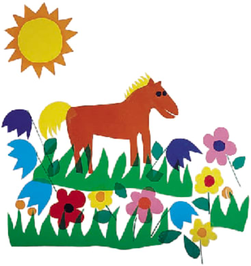 Eine Collage eines braunen und orangefarbenen Pferdes, das auf grünem Gras steht, umgeben von bunten Papierblumen, mit einer gelben Sonne in der oberen linken Ecke vor einem weißen Hintergrund.
