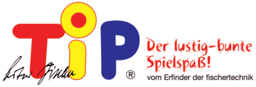 Logo für TiP, mit großen, bunten Buchstaben mit Der lustig-bunte Spielspaß! und vom Erfinder der fischertechnik in roter und schwarzer Schrift sowie einer unleserlichen schwarzen Unterschrift unten links.