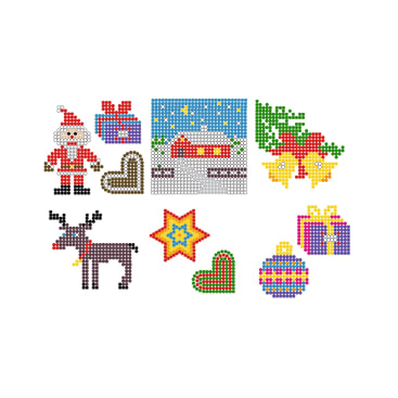 Pixelgrafiken mit weihnachtlichen Motiven, darunter der Weihnachtsmann, ein Rentier, drei Geschenkboxen, zwei Herzen, ein Stern, eine Weihnachtsverzierung, eine verschneite Hausszene und Weihnachtsglocken mit Grünzeug und rotem Band.