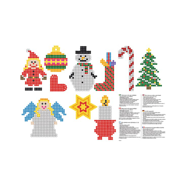 Neun weihnachtliche Perlenmotive auf weißem Hintergrund, darunter der Weihnachtsmann, ein Ornament, ein Schneemann, ein Strumpf, eine Zuckerstange, ein Baum, ein Engel, ein Stern und eine Kerze. Eine Anleitung ist in der Ecke abgedruckt.