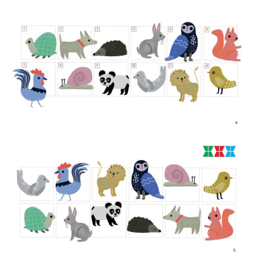 Ein Gitter mit illustrierten Tieren: Schildkröte, Hund, Igel, Kaninchen, Eule, Eichhörnchen, Hahn, Schnecke, Panda, Löwe, Vogel, Elefant und Gruppen von drei farbigen Symbolen in Rot, Grün und Blau auf weißem Hintergrund.