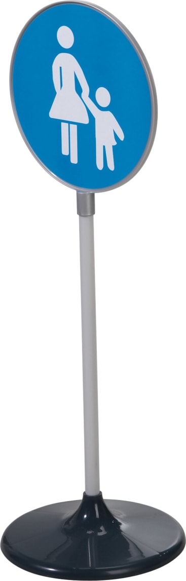 Ein freistehendes Schild mit einer blauen runden Platte, die ein weißes Piktogramm eines Erwachsenen zeigt, der die Hand eines Kindes hält, montiert auf einem weißen Mast mit schwarzem Sockel.