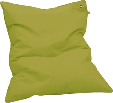 Ein großer, grüner Sitzsack mit weicher, leicht faltiger Oberfläche und einer Metalltülle in einer Ecke, dargestellt auf weißem Hintergrund.
