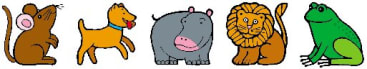 Eine Cartoon-Maus, ein Hund, ein Nilpferd, ein Löwe und ein Frosch sind in einer Reihe von links nach rechts dargestellt, jeweils mit Blick nach vorne.