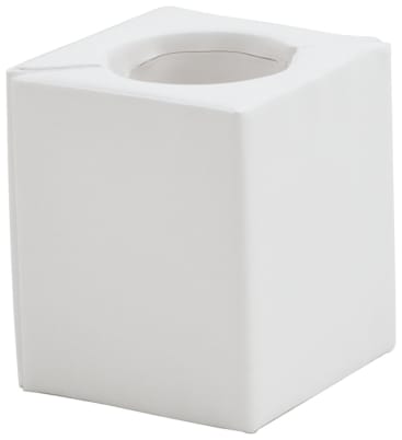 Eine weiße, würfelförmige Tissue-Box mit einer Öffnung an der Oberseite für die Ausgabe von Tissues. Die Box hat saubere, glatte Kanten und ein minimalistisches Design.