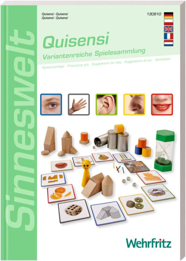 Das Buchcover von "Quisensi: Variantenreiche Spielesammlung" zeigt sensorische Spielmaterialien wie Blöcke, strukturierte Karten und Objekte für passende Aktivitäten. Oben sind ein Ohr, eine Nase, ein Mund und eine Hand abgebildet.