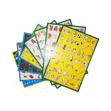 Eine Reihe von bunt umrandeten Bingo-Karten, die jeweils ein Raster mit einfachen Schwarz-Weiß-Illustrationen von verschiedenen Alltagsgegenständen, Tieren und Gegenständen auf weißem Hintergrund zeigen.