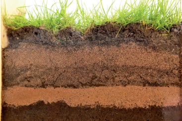 Ein Querschnitt durch Bodenschichten mit Gras darauf, der deutliche horizontale Streifen verschiedener Bodentypen und -farben zeigt, darunter dunkle, braune und rötlich-braune Schichten.