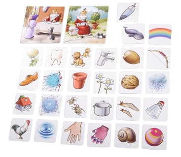 Ein Satz illustrierter Karten, die in einem Raster angeordnet sind und jeweils einen anderen Gegenstand, ein anderes Tier oder eine andere Szene zeigen, z. B. einen Löwen, einen Zahn, einen Handschuh, eine Schnecke, einen Regenbogen, einen Wasserhahn, eine Blume, einen Regen, ein Haus, ein Huhn und zwei Karten mit Geschichten am oberen Rand.