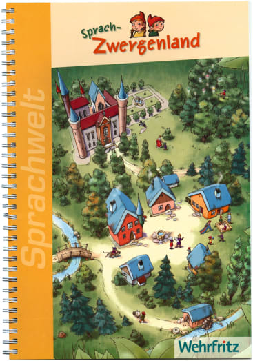 Illustriertes Buchcover mit einer Burg, kleinen Häusern, Bäumen und Menschen in einer dörflichen Umgebung. Der Titel lautet "Sprach-Zwergenland" und auf dem Seitenetikett steht "Sprachwelt". Unten steht der Verlag Wehrfritz.