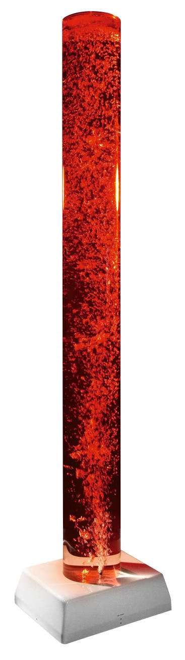 Ein hohes, klares, zylindrisches Rohr, gefüllt mit blubbernder roter Flüssigkeit, steht auf einem weißen, quadratischen Sockel. Die Blasen steigen vom Boden auf und erzeugen im Inneren der Röhre wirbelnde Muster.