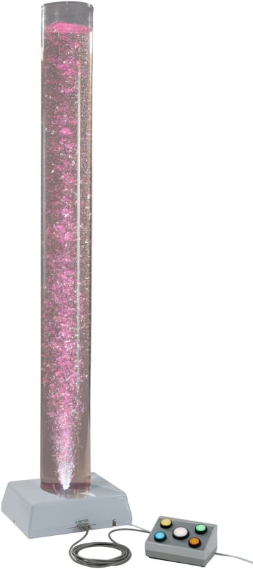 Eine hohe, klare Seifenblasenlampe mit rosa Wasser und schwimmenden Seifenblasen, montiert auf einem grauen Sockel. Neben der Lampe befindet sich ein angeschlossenes Bedienfeld mit fünf farbigen Tasten.