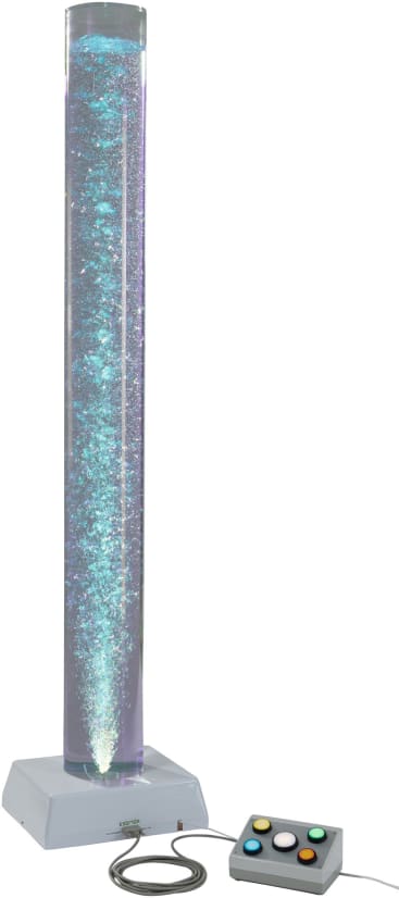 Auf einem quadratischen Sockel steht eine hohe, klare Sprudelröhrenlampe mit funkelndem Wasser im Inneren. An den Sockel ist ein kabelgebundener Schaltkasten mit sechs farbigen Tasten angeschlossen.