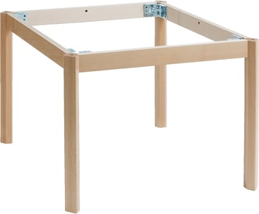Ein einfaches, quadratisches Holztischgestell mit vier Beinen und sichtbaren Metallwinkeln, die die Ecken verbinden. Das Gestell hat keine Tischplatte und keine zusätzlichen Elemente.