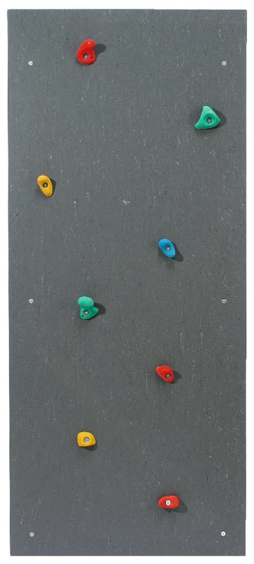 Eine vertikale graue Kletterwand mit neun bunten Klettergriffen in den Farben Rot, Gelb, Blau und Grün, die in einem verstreuten Muster auf der Oberfläche angeordnet sind.