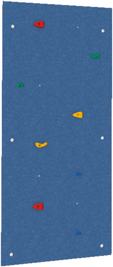 Eine blaue Indoor-Kletterwand mit verschiedenen farbigen Griffen in Rot, Grün, Gelb und Blau, die in unterschiedlichen Positionen angeordnet sind. Weiße Schraubenlöcher sind überall auf der Platte sichtbar.