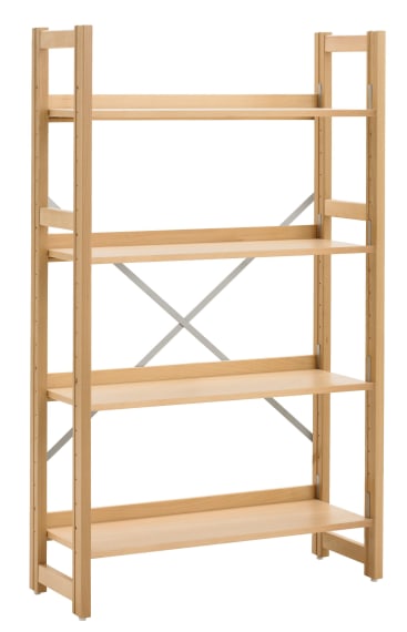 Ein Holzregal mit vier Einlegeböden und einer einfachen, offenen Rahmenkonstruktion. Das Regal hat helles Holz, vertikale Stützen und Querstreben aus Metall an der Rückseite für Stabilität.