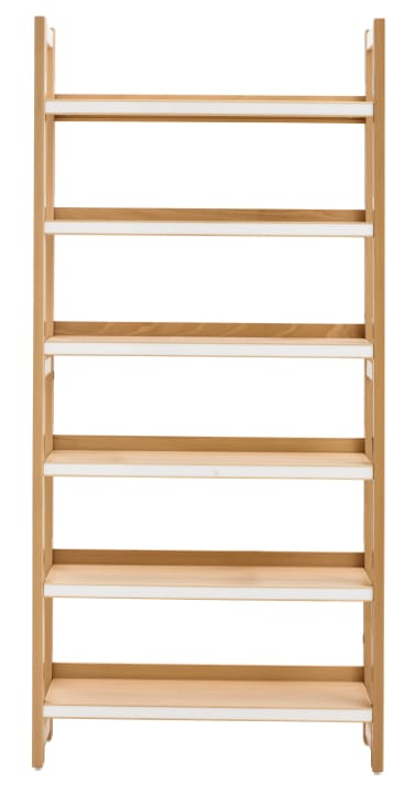 Ein Holzregal mit sieben gleichmäßig verteilten Regalböden, dargestellt von vorne vor einem weißen Hintergrund. Die Regale und der Rahmen sind aus natürlichem Holz.