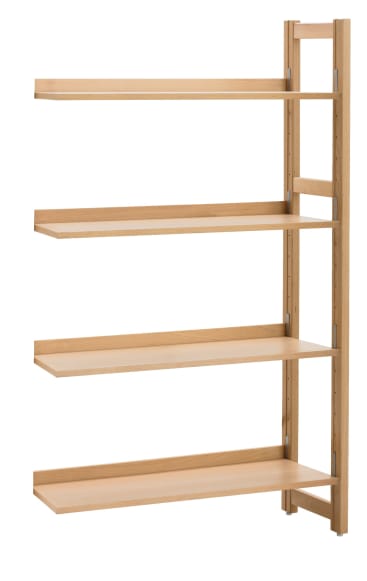 Ein hohes Regal aus hellem Holz mit vier gleichmäßig verteilten horizontalen Böden und einer offenen Rück- und Seitenstruktur. Das Design ist einfach und modern.
