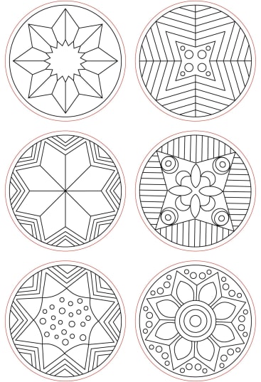 Sechs kreisförmige Mandala-Motive, jedes mit einem einzigartigen geometrischen oder floralen Muster in schwarzer Farbe, angeordnet in zwei Dreierreihen, alle mit rotem Rand auf weißem Hintergrund.