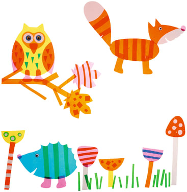Bunte, Cut-Paper-Stil Illustration einer Eule auf einem Ast, ein Fuchs, ein Igel, Pilze und Blumen, die alle in hellen, lebendigen Farben auf einem weißen Hintergrund.