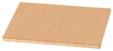 Eine rechteckige, flache, helle, holzfarbene Platte oder Tafel mit glatter Oberfläche, die schräg vor einem weißen Hintergrund steht.