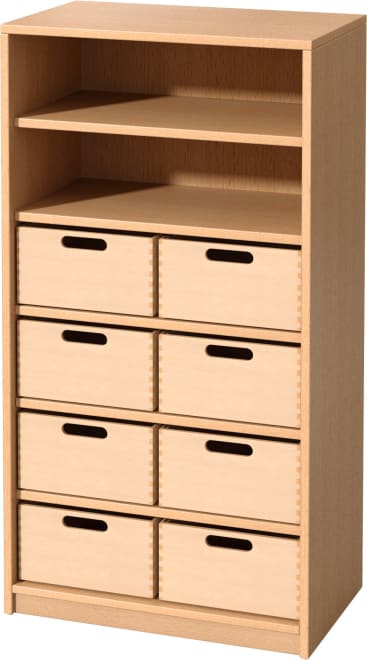 Ein Aufbewahrungsmöbel aus hellem Holz mit einem offenen Regal oben und acht kleinen ausziehbaren Schubladen unten, wobei jede Schublade mit einem ovalen, ausgeschnittenen Griff versehen ist. Der Schrank hat ein einfaches, rechteckiges Design.
