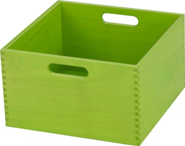 Hellgrüne Aufbewahrungsbox aus Holz mit rechteckiger Form und zwei ovalen Griffen an gegenüberliegenden Seiten. Die Kiste ist leer und hat sichtbare Eckverbindungen.