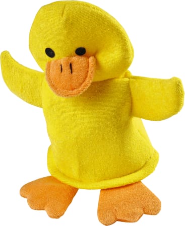 Eine gelbe Entenhandpuppe aus weichem Stoff mit orangefarbenen Füßen und Schnabel, schwarzen Augen und ausgebreiteten Flügeln, dargestellt vor einem weißen Hintergrund.