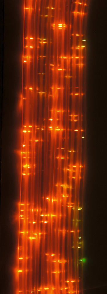 Vertikale Reihen heller roter und orangefarbener Lichter mit gelegentlichen grünen Punkten leuchten vor einem dunklen Hintergrund und erzeugen einen streifigen und verschwommenen visuellen Effekt.