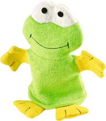 Eine grüne Froschhandpuppe mit großen weißen Augen, einem aufgestickten schwarzen Lächeln, gelben Händen und gelben Füßen wird vor einem weißen Hintergrund gezeigt.