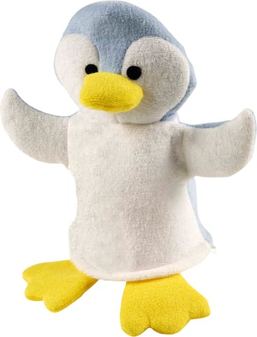 Eine Plüschpinguin-Handpuppe mit hellblauen Flügeln und Kopf, weißem Gesicht und Körper, gelbem Schnabel und gelben Füßen, dargestellt vor einem weißen Hintergrund.
