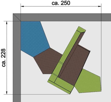 Ein Diagramm zeigt eine Anordnung von fünf unregelmäßigen, farbigen Formen innerhalb eines rechteckigen Bereichs mit grauen Rändern. Die Abmessungen sind mit ca. 250 und 228 entlang der oberen und linken Seite beschriftet.