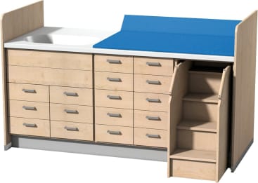 Wickelanlage mit 16 Schubkästen und Badebecken aus Mineralwerkstoff