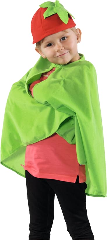 Ein kleines Kind steht mit verschränkten Armen da und trägt einen leuchtend grünen Umhang, eine rote Mütze mit grünen Blättern, ein rosa Hemd und eine schwarze Hose. Das Kind blickt nach vorne und lächelt leicht.
