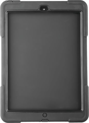 Ein schwarzes Tablet, das von einer robusten Schutzhülle umgeben ist, wird von vorne gezeigt. Der Bildschirm ist ausgeschaltet und weist keine sichtbaren Inhalte oder Spiegelungen auf. Das Gehäuse hat verstärkte Ecken und Aussparungen für eine Kamera und eine Taste.