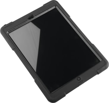 Ein schwarzes Tablet mit einer Schutzhülle ist auf einem weißen Hintergrund abgebildet. Der Bildschirm ist dunkel und reflektierend, er blendet leicht. Das Gerät ist leicht nach rechts geneigt.