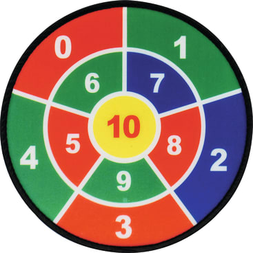 Eine bunte, kreisförmige Dartscheibe ist in Abschnitte unterteilt, die mit 0 bis 10 nummeriert sind, wobei die gelbe Mitte mit 10 markiert ist. Die Abschnitte sind rot, blau, grün und gelb gefärbt und durch weiße Linien getrennt.