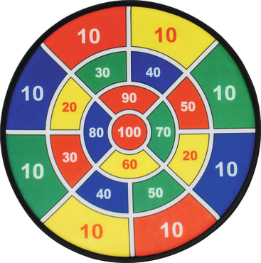 Eine kreisförmige Dartscheibe, die in farbige Abschnitte mit verschiedenen Punktwerten unterteilt ist, darunter 10, 20, 30, 40, 50, 60, 70, 80, 90 und eine rote Mitte mit der Aufschrift 100. Die Abschnitte sind rot, blau, gelb und grün.