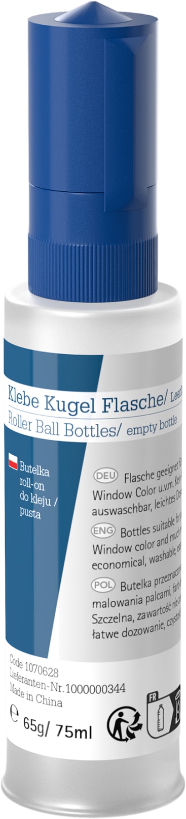 Eine leere 75-ml-Roll-on-Flasche mit einer blauen Kappe und einem weißen Etikett, das Produktinformationen in mehreren Sprachen enthält. Die Flasche ist für die einfache Anwendung von Flüssigkeiten oder Gelen konzipiert.