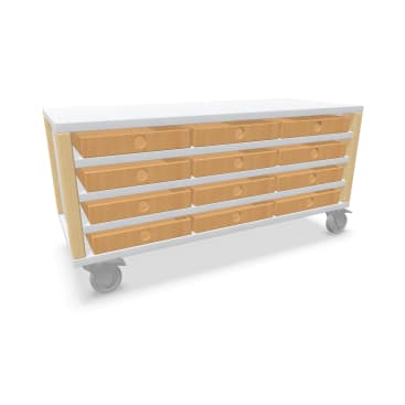Schrank Linus mit 12 Eigentumskästen, B 110,4 x H 55 (mit Rollen) x T 45,7 cm