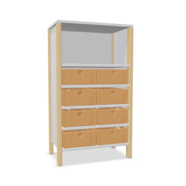 Ein Holzschrank mit vier vertikalen Beinen, einem offenen Regal oben und drei Schubladenreihen mit je zwei Schubladen mit runden Griffen. Die Schubladen sind aus hellem Holz, und der Rahmen ist weiß.