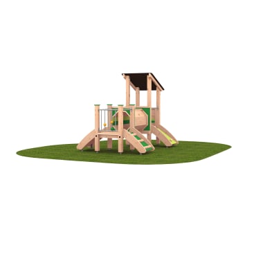 Ein Spielplatz aus Holz mit einem kleinen Dach, zwei Rutschen, Leitern und grünen Akzenten, der auf einem Stück Kunstrasen steht.