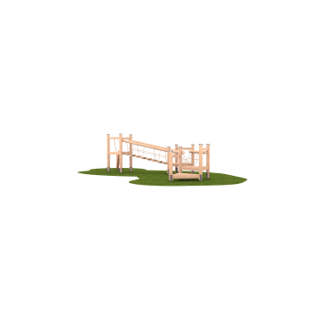 Eine hölzerne Spielplatzstruktur mit einer Rampe und einer Netzbrücke steht auf einem Stück grünem Gras, isoliert auf einem weißen Hintergrund.