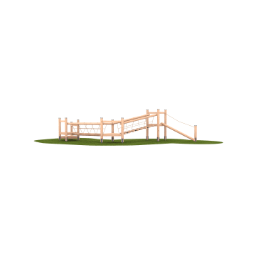 Eine hölzerne Spielplatzstruktur mit einer Seilbrücke, einer Rampe und einer Rutsche, die sich auf einem Stück grünem Gras befindet, isoliert auf einem weißen Hintergrund.