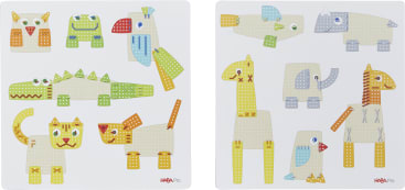 Auf zwei weißen, quadratischen Tafeln sind verschiedene Tiere zu sehen, die aus bunten, perforierten geometrischen Formen zusammengesetzt sind, darunter ein Krokodil, eine Katze, eine Giraffe, ein Nashorn, Vögel und andere Kreaturen, jeweils mit einem einzelnen Glotzauge.