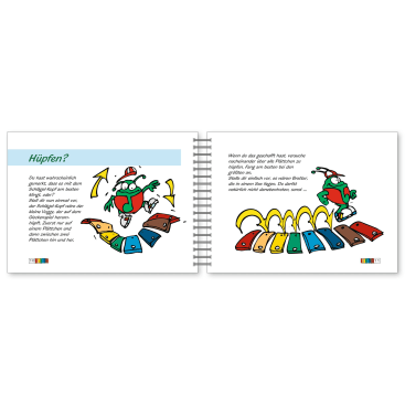 Ein aufgeschlagenes Spiralbuch mit deutschem Text und farbenfrohen Illustrationen eines Frosches, der von einer farbigen Matte auf eine andere springt, um eine Hüpfaktivität für Kinder zu demonstrieren.